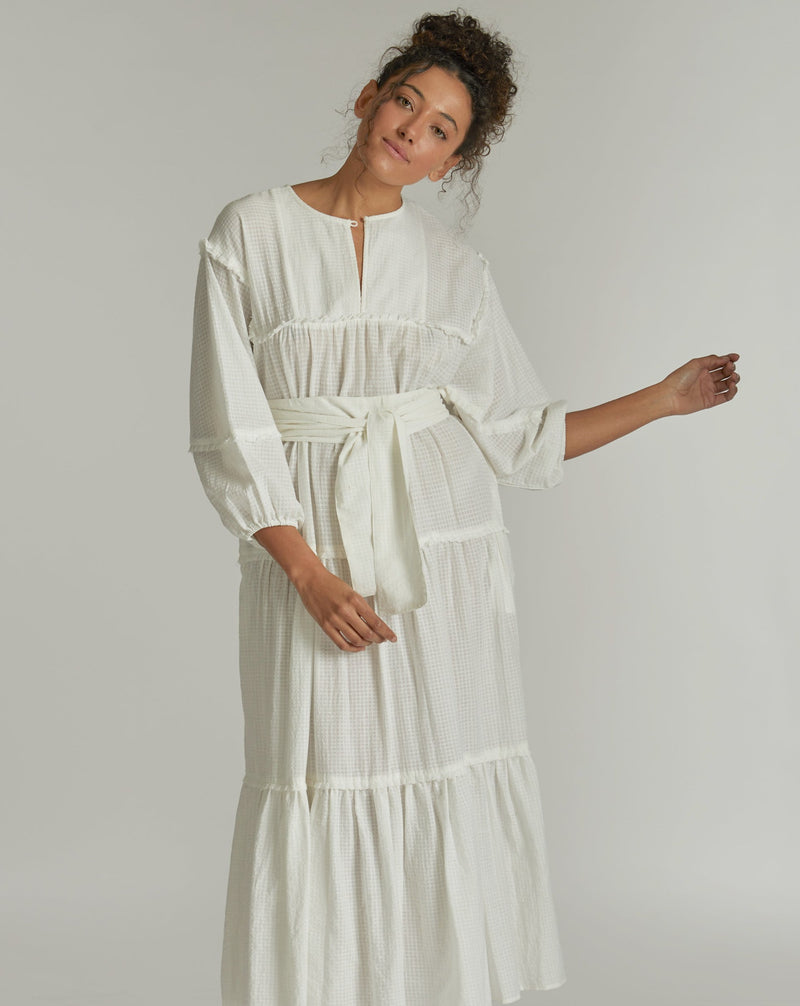 Khadi Cotton Tiered Dress - White